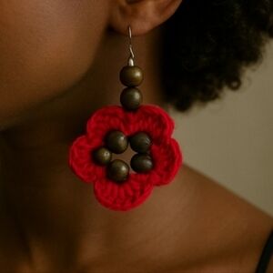 Red Brown Crochet Beaded Boho Chic Silver Drop Dangle Earrings Handma…